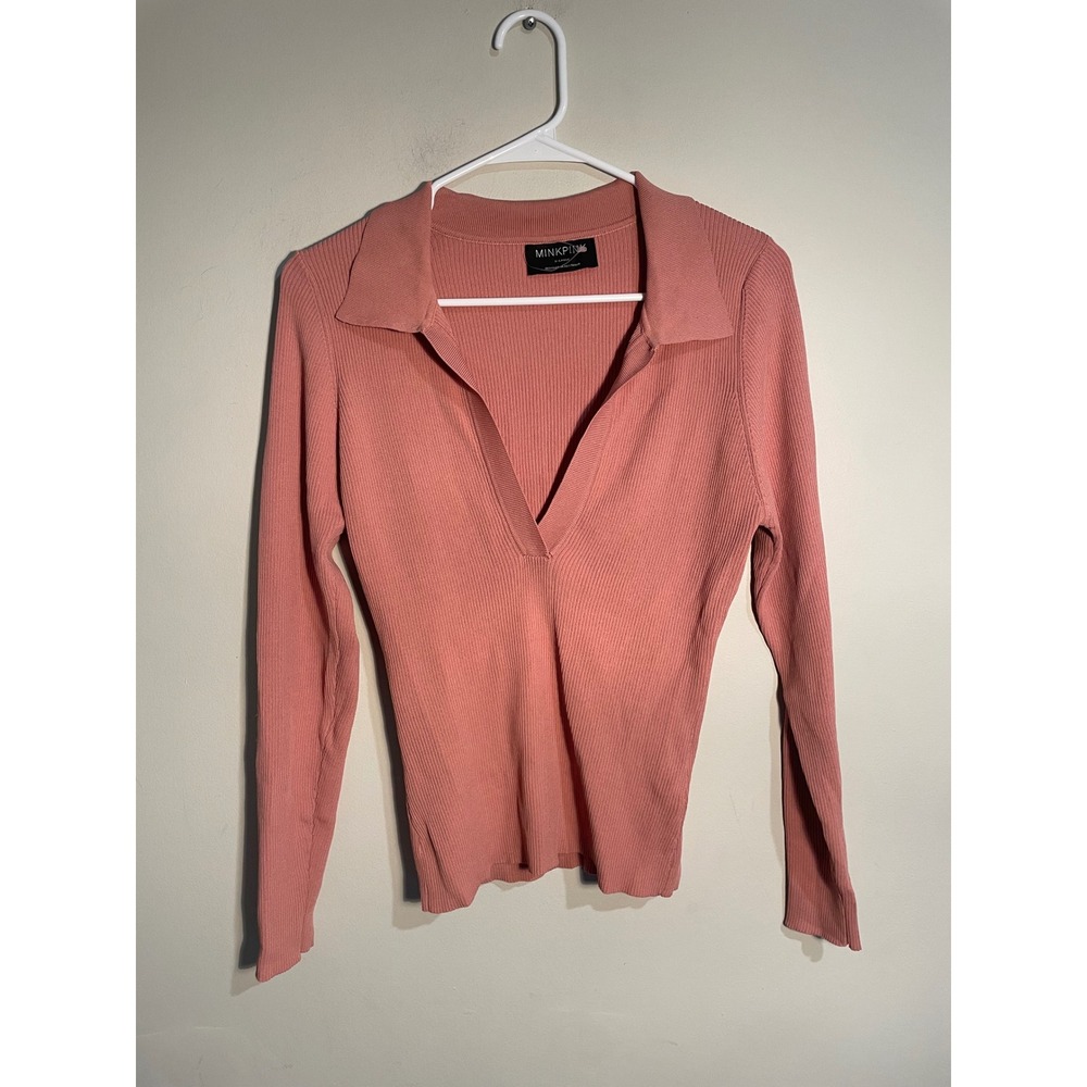 MinkPink‎ Pink Ribbed Collared Knit Top Size XL